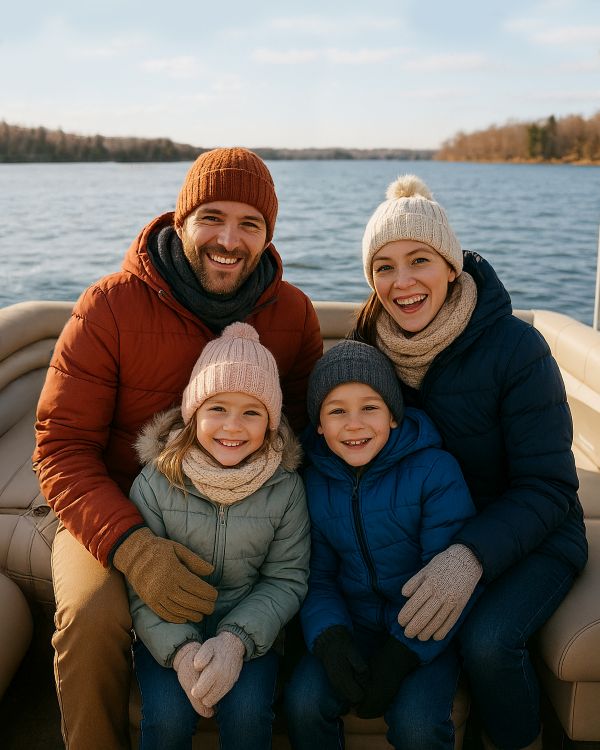 Smiling family experiencing a boat rental at Lake Keowee for a memorable day on the water