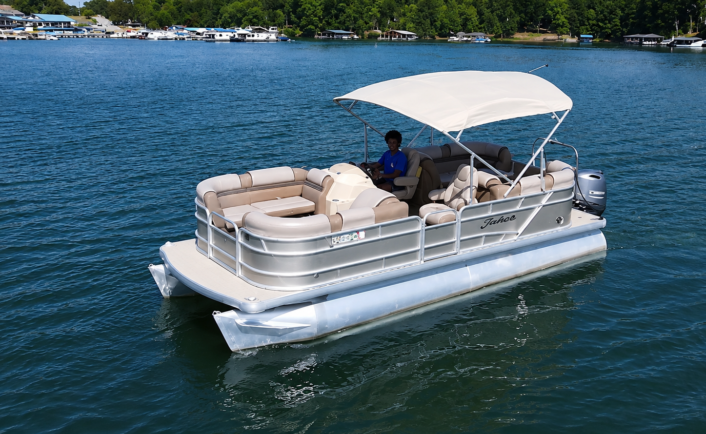Pontoon boat rental at Lake Keowee from Keowee Marina cruising on clear blue water