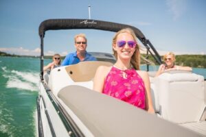 Family enjoying a boat rental on Lake Keowee