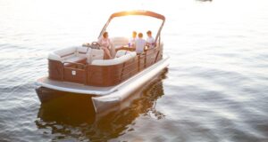 Guests aboard a pontoon boat rental at Keowee Marina on Lake Keowee
