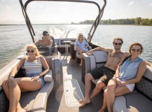 Friends enjoying a self-drive boat rental on Lake Keowee