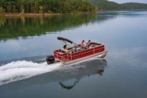 Pontoon boat rental cruising across Lake Keowee in South Carolina