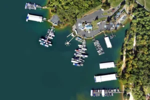 Aerial view of Keowee Marina with docks and boats offering boat rental in South Carolina SC on Lake Keowee.