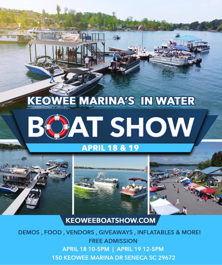 Keowee Marina's In-Water Boat Show 2026 flyer, April 18 and 19 on Lake Keowee
