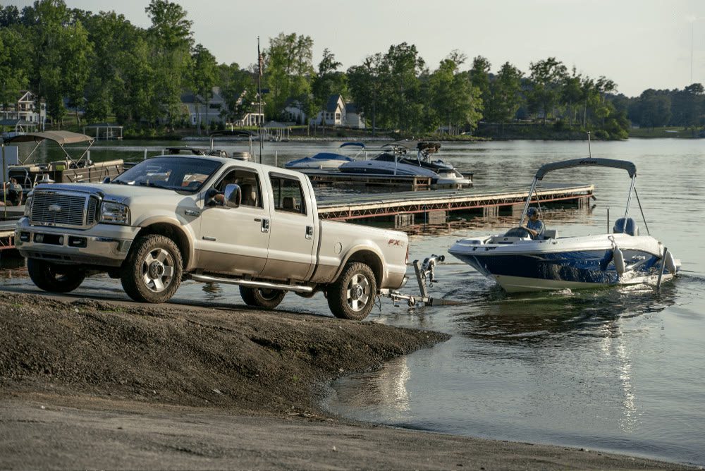 Truck launching a boat at the Keowee Marina public launch ramp
