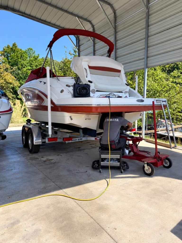 Boat under cover at Keowee Marina for winterization